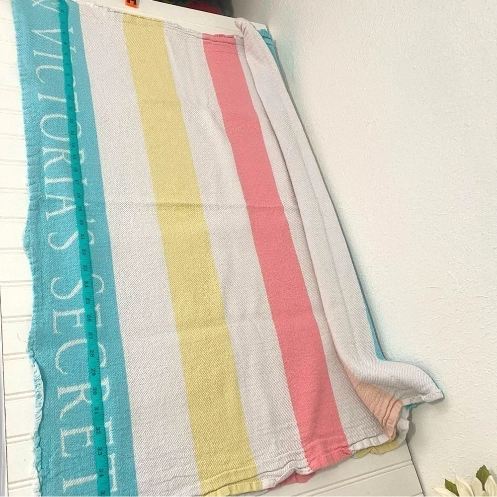 Victoria Secret Throw Beach Blanket 50x60” Peach Pink Yellow Blue 100% Cotton